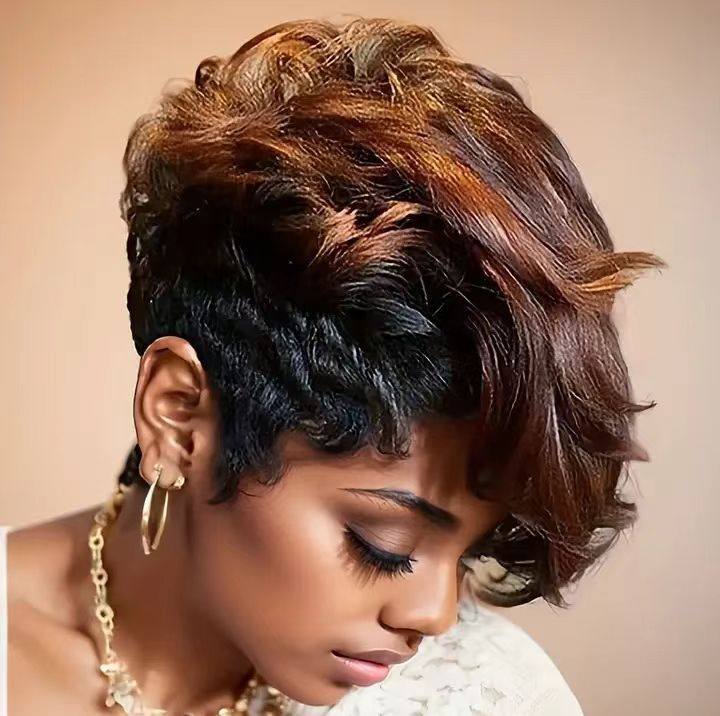 Perruque courte noire non-toxique, avec frange brune, cheveux courts naturels, en soie synthétique haute température, adaptée aux femmes noires.