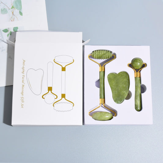 Ce kit de massage en jade naturel combine un rouleau de jade et une planche de gua sha pour une expérience de soin complète. Idéal pour réduire les cernes, les poches, et stimuler la circulation sanguine. 